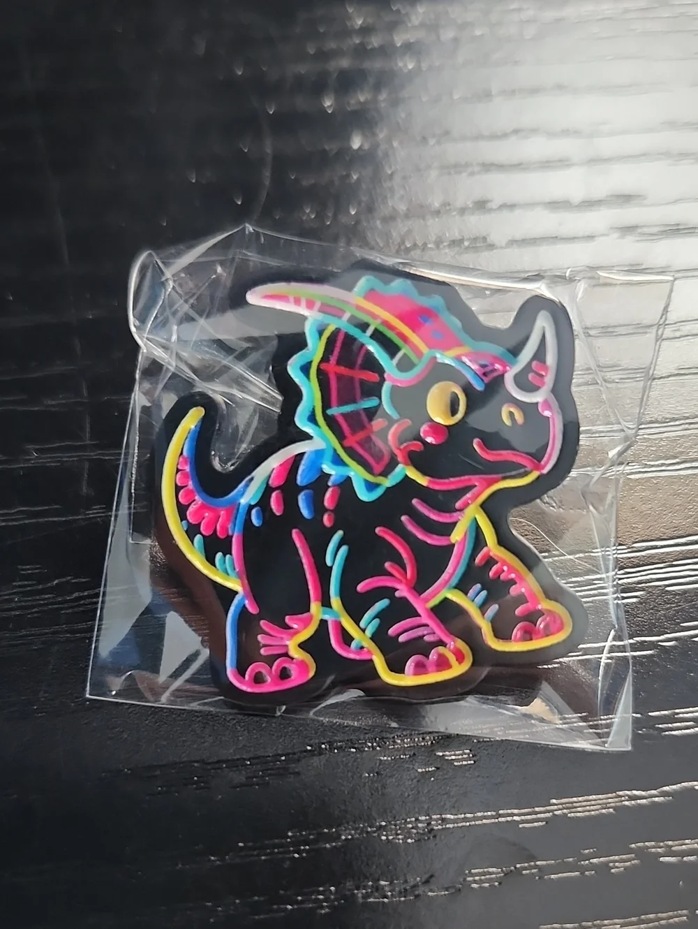 Neon Outline Triceratops Enamel Pin - Black with Multicolor Details